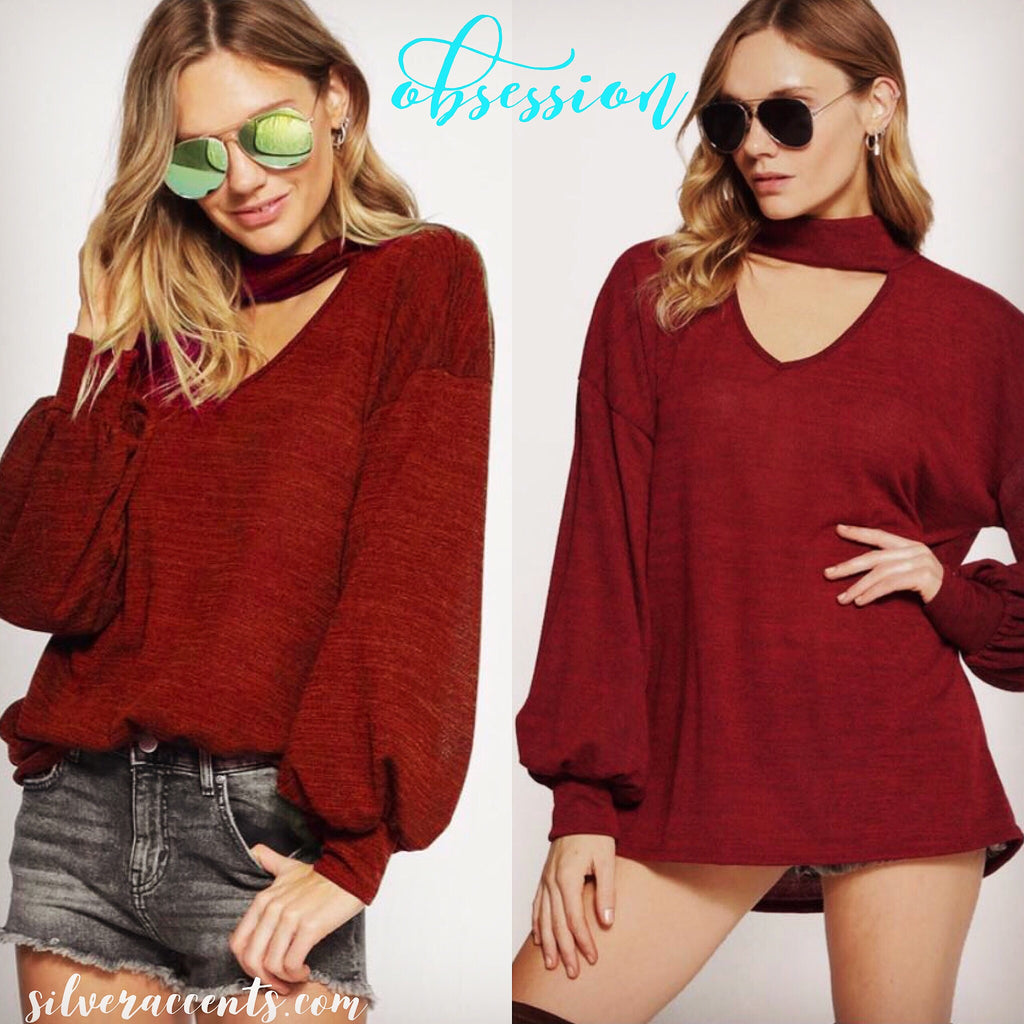 OBSESSION ChokerNeck PuffSleeve BrushKnit Top