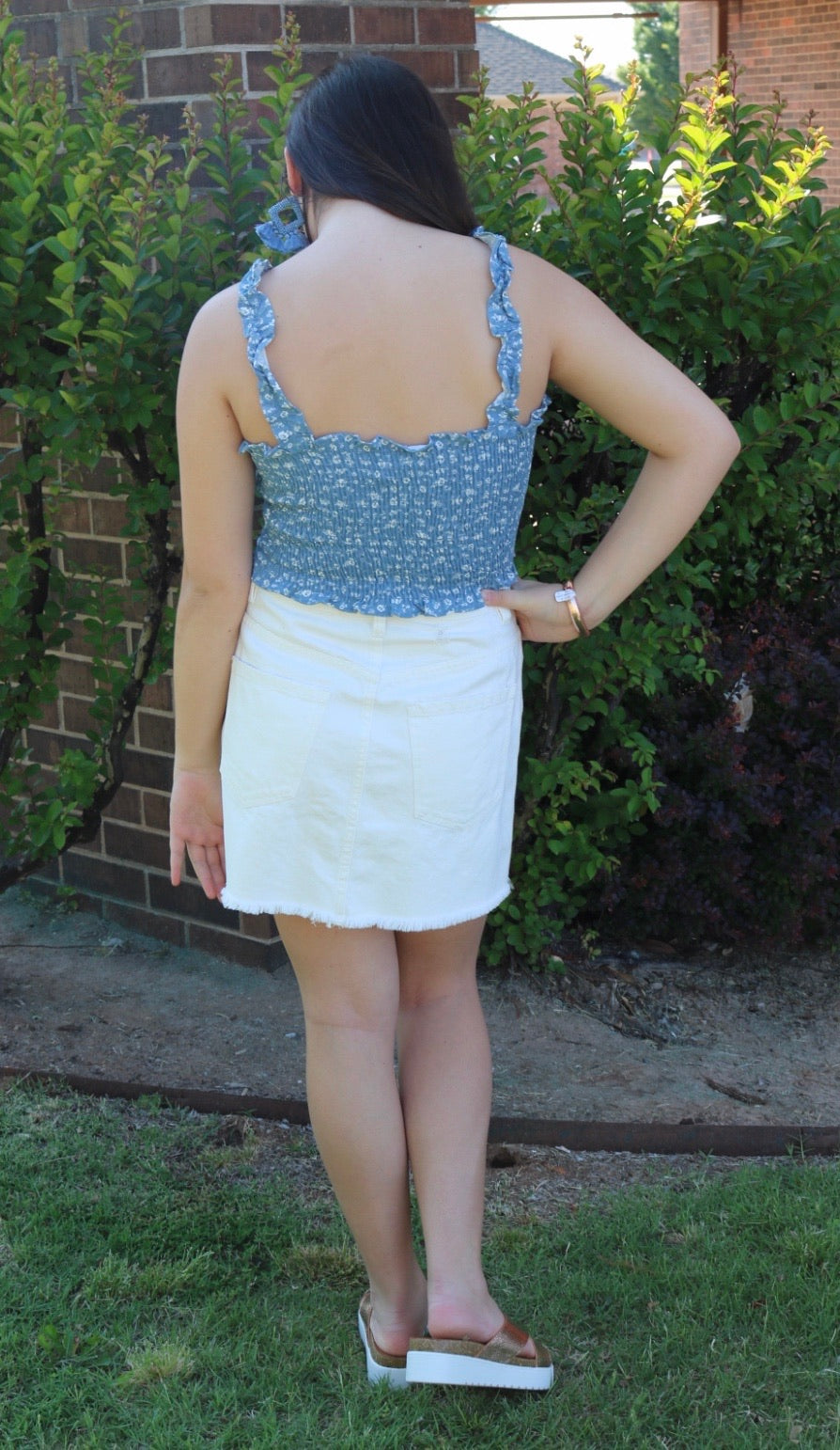 PURSUE Liberty Floral Smocked RuffleStrap Linen Top