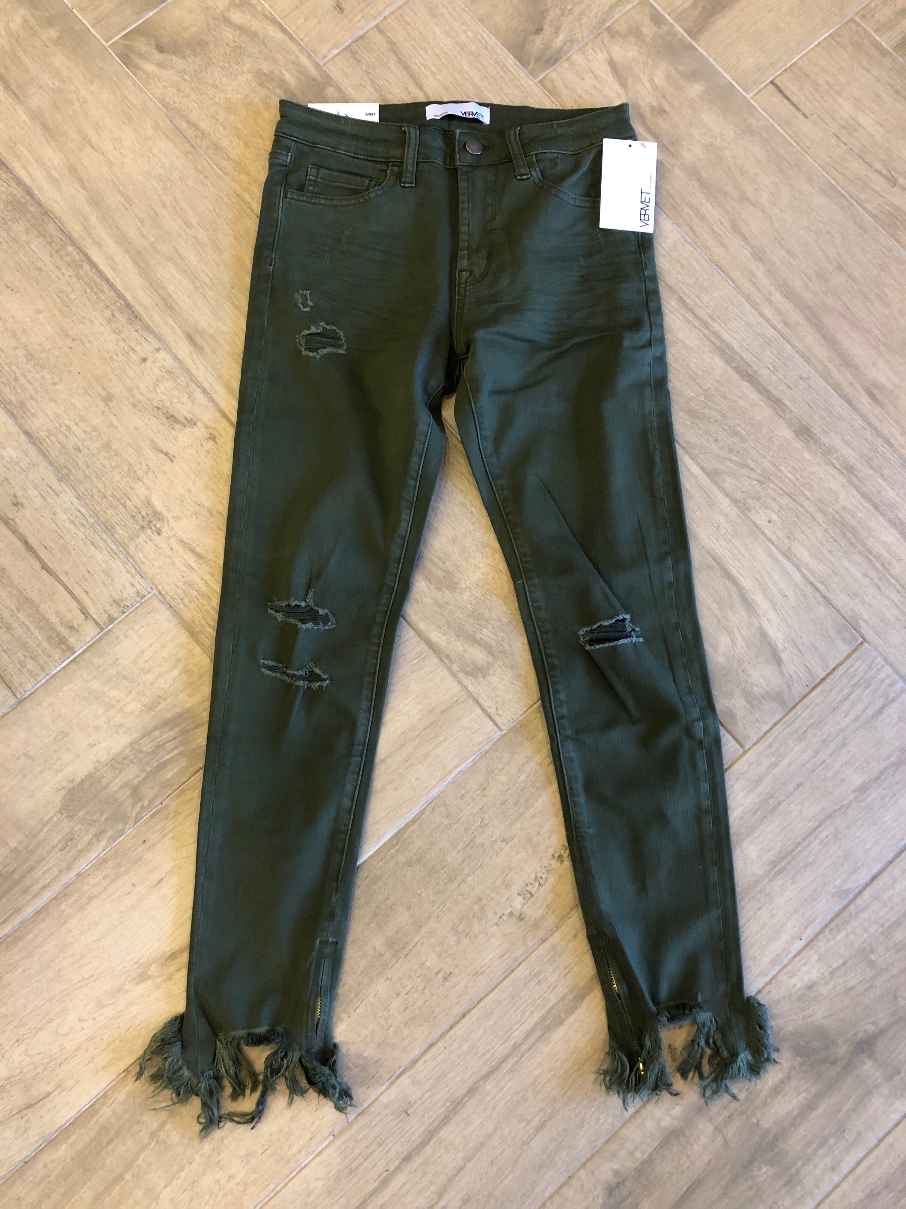 VERVET MidRise FOLIAGE Fringe/Zip Hem Ankle Jean