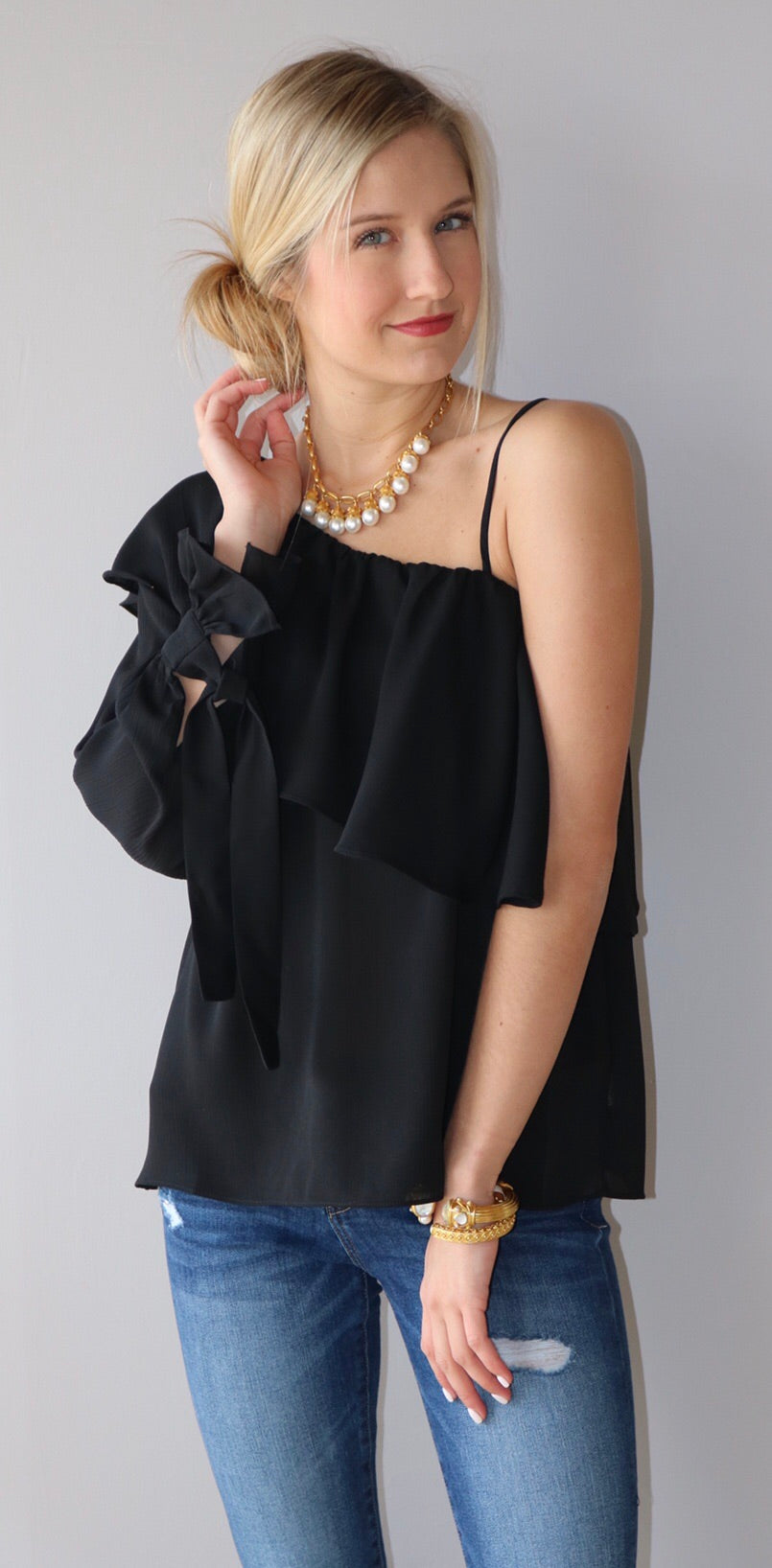 SEIGEL Ruffled OneShoulder TieSleeve MatteSatin Top