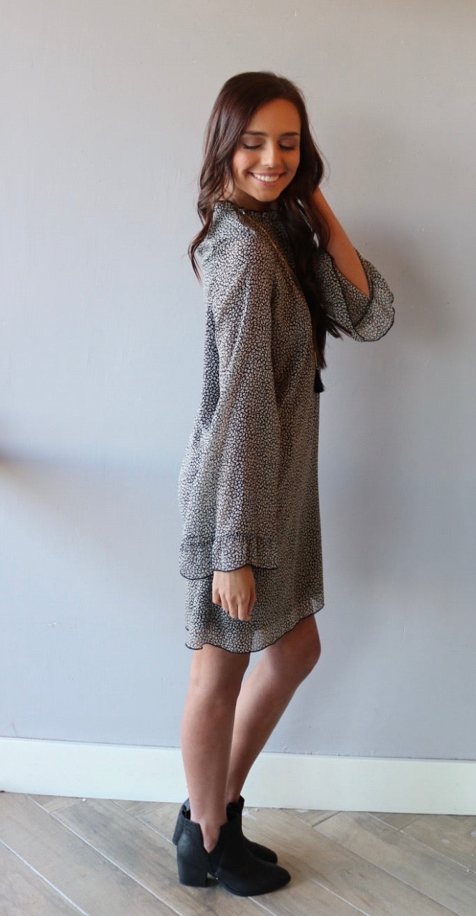 TOURIST Cheetah Ruffle MockNeck Chiffon Dress