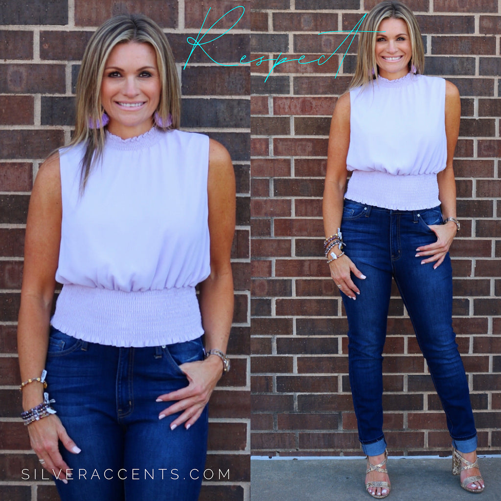 She&Sky RESPECT Sleeveless Mock Neck SmockBottom Top