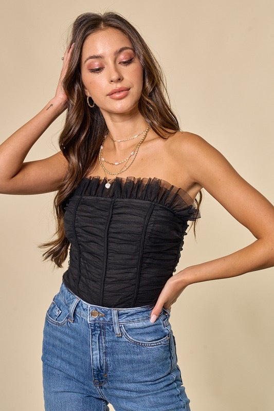 CHARADE Strapless Rouched Tulle Bodysuit