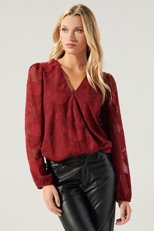 YOURS TRULY Burnout Floral Surplice Top