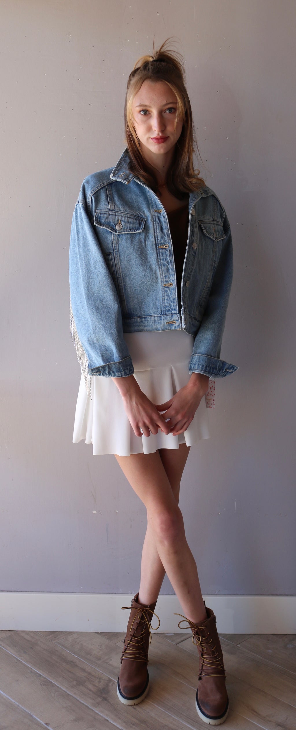 FREE PEOPLE Rhinestone Fringe COMET Denim Bomber Jacket
