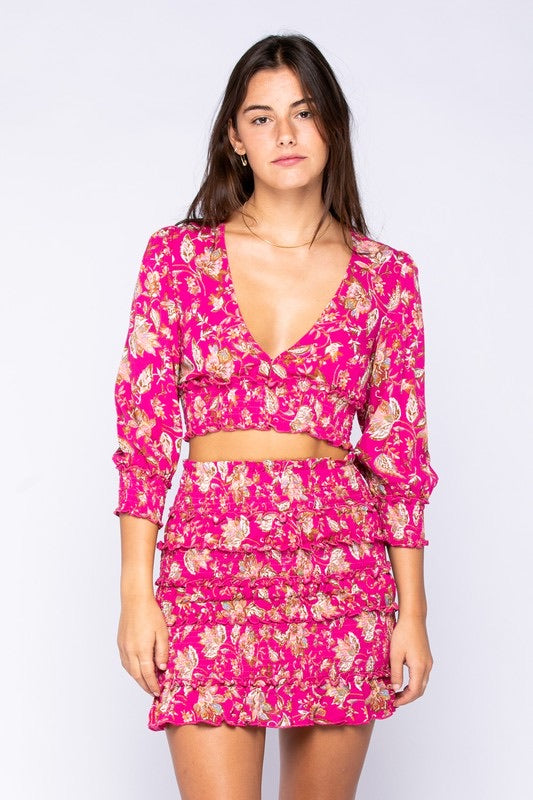 PARADISE 2pc Floral Crop Top/Ruffle Smock Skirt Set