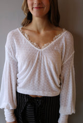 FREE PEOPLE White DREAMGIRL Pointelle V-Neck WaistCrop Knit Top
