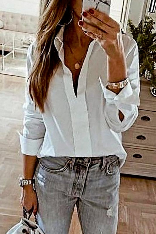 REGARDS V~Neck Collared Poplin Cotton Blouse Top