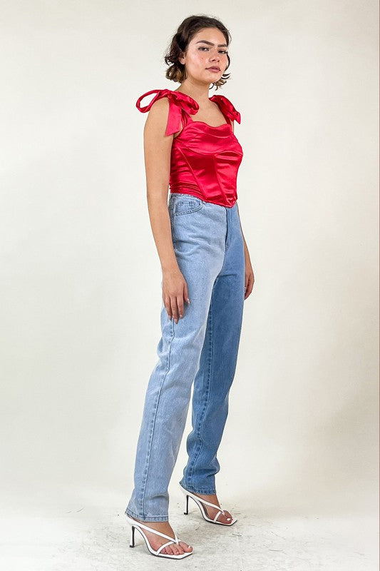 RYDER Corset Tie Shoulder Satin Top