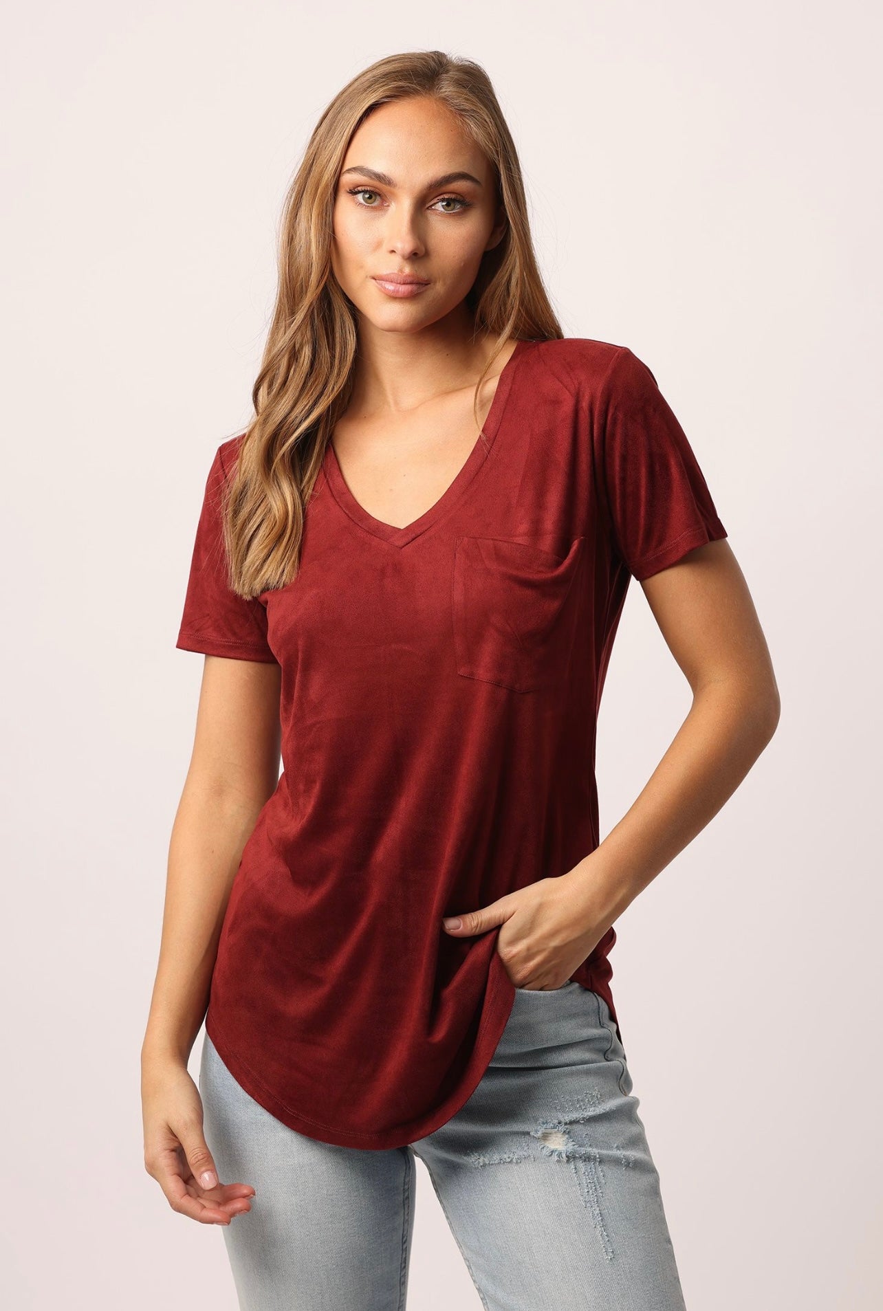 ANOTHER LOVE V-Neck PHOENIX Stretch Suede RoundHem Top