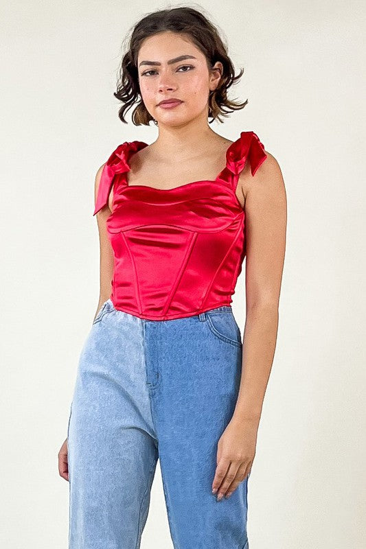 RYDER Corset Tie Shoulder Satin Top