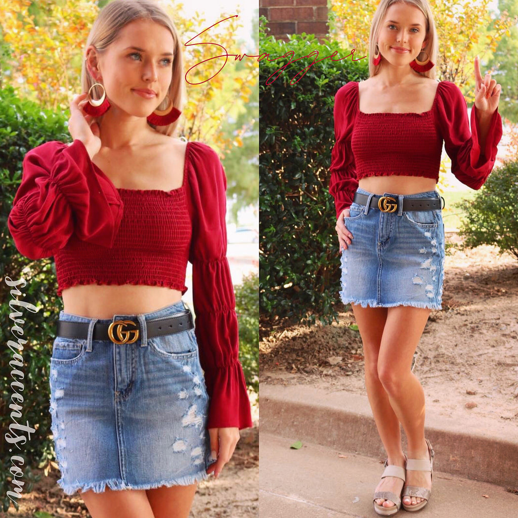 SWAGGER Smocked Bodice OffShoulder Bishop Sleeve Cropped Top