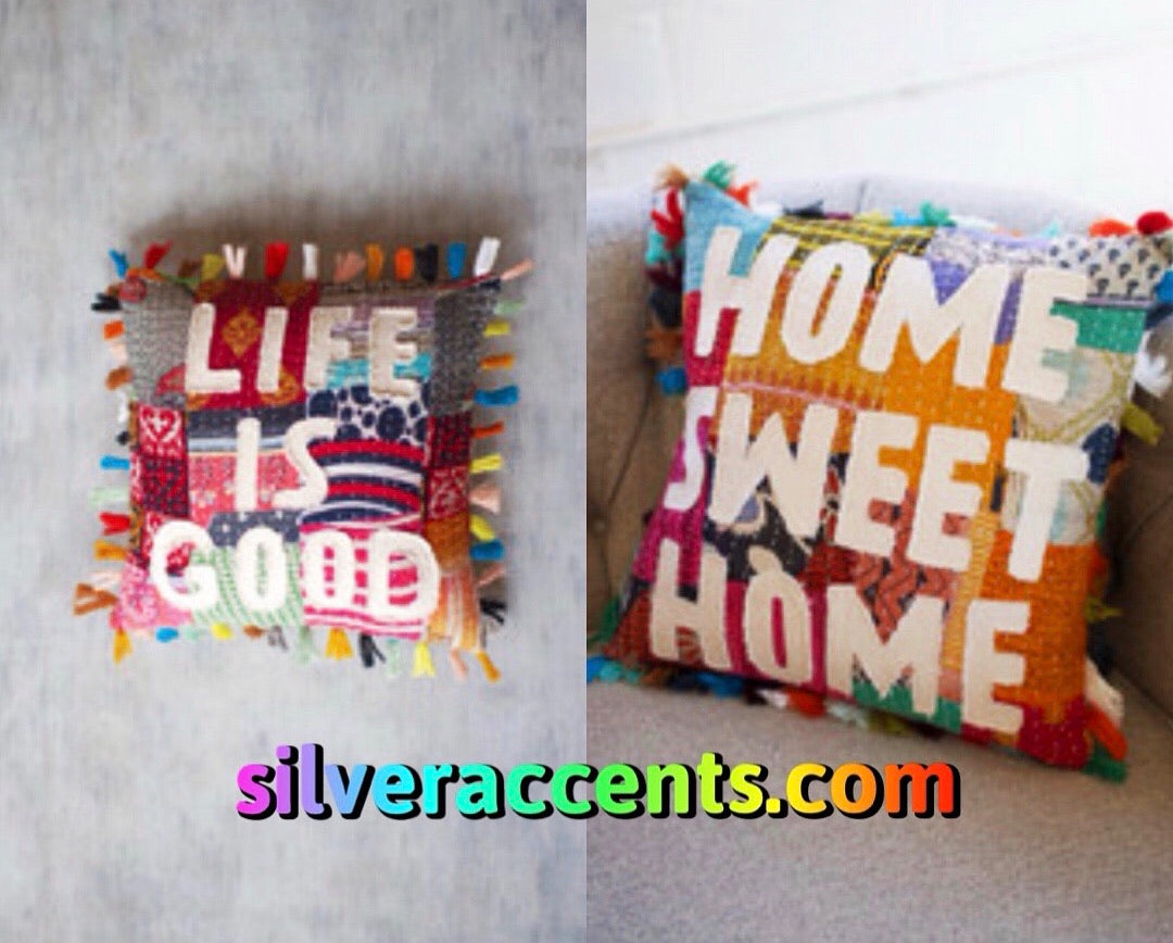 KI Appliqué Kantha Tassel Throw Pillow