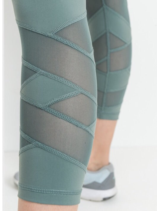ENLIGHTEN Teal Blue Hi Waist Zig Zag Mesh Inset Crop Legging