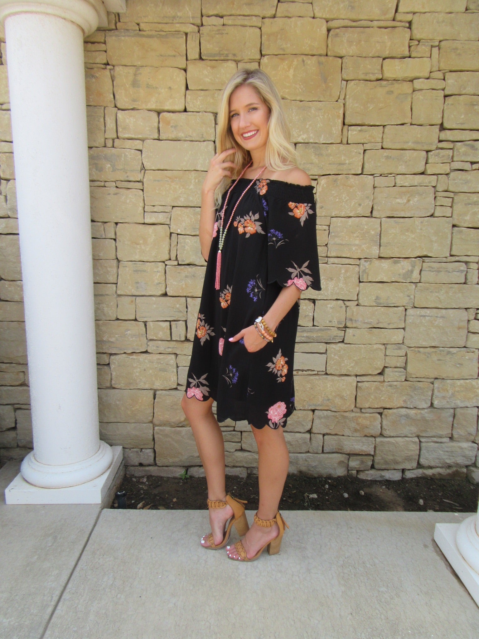 FREMONT Floral OffShoulder ScallopTrim Shift Dress