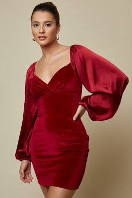 CHEER Velvet Satin~Sleeve BodyCon Dress