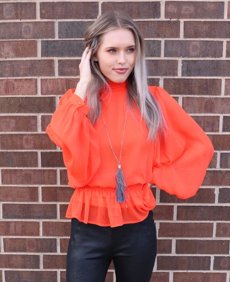 Flying tomato DEDICATED SmockedNeck/Waist PuffSleeve Chiffon Top