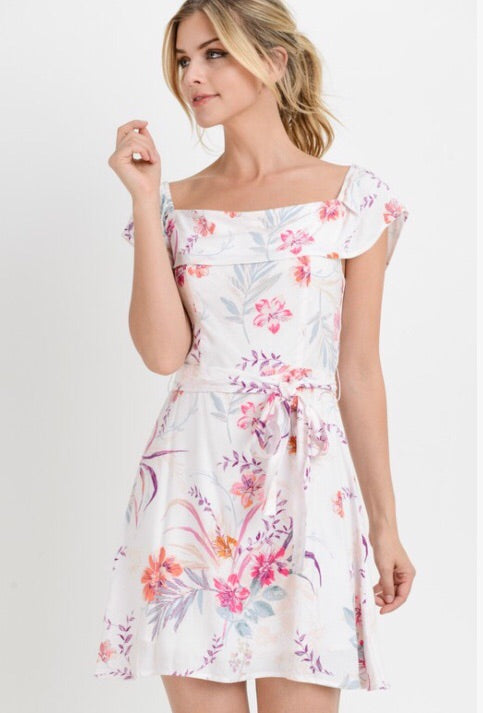 PAPER CRANE Floral HAVEN Ruffled OffShoulder TieWaist Dress