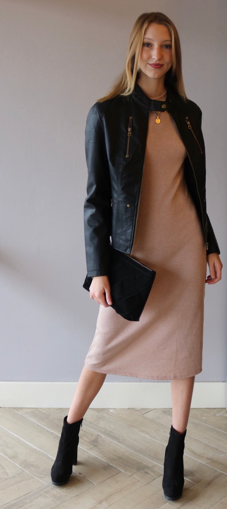 *LUSH PROMENADE Mock Neck RoucheSleeve Midi Dress