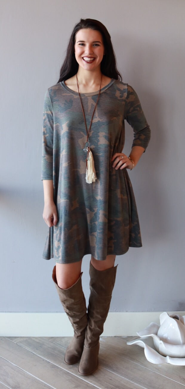 WEAVER Camo Print LaceUp Jersey A-Line Dress
