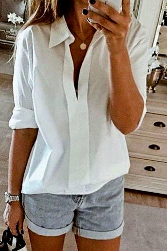 REGARDS V~Neck Collared Poplin Cotton Blouse Top