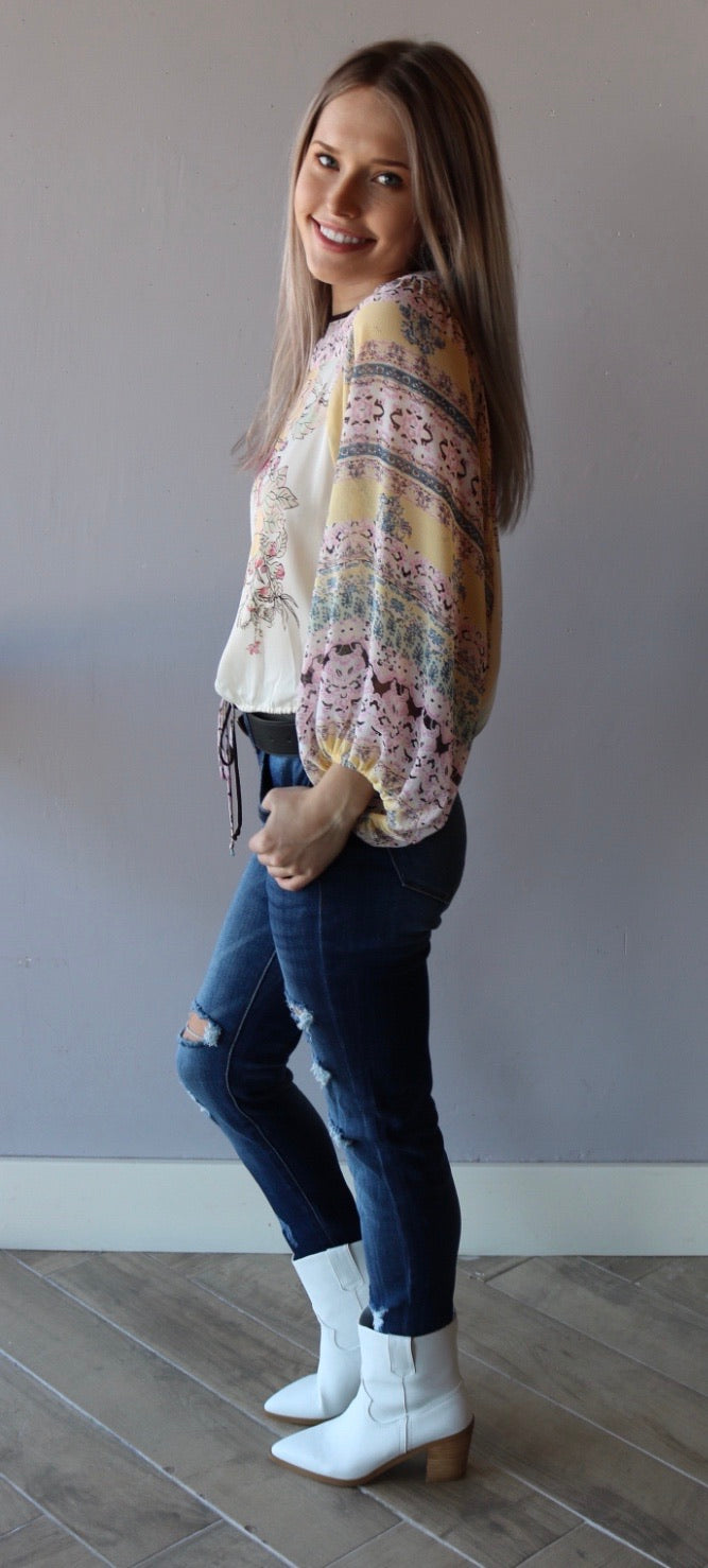 FREE PEOPLE Ivory Multi BLUE NILE Floral Print Drawstring Bottom Silk Top