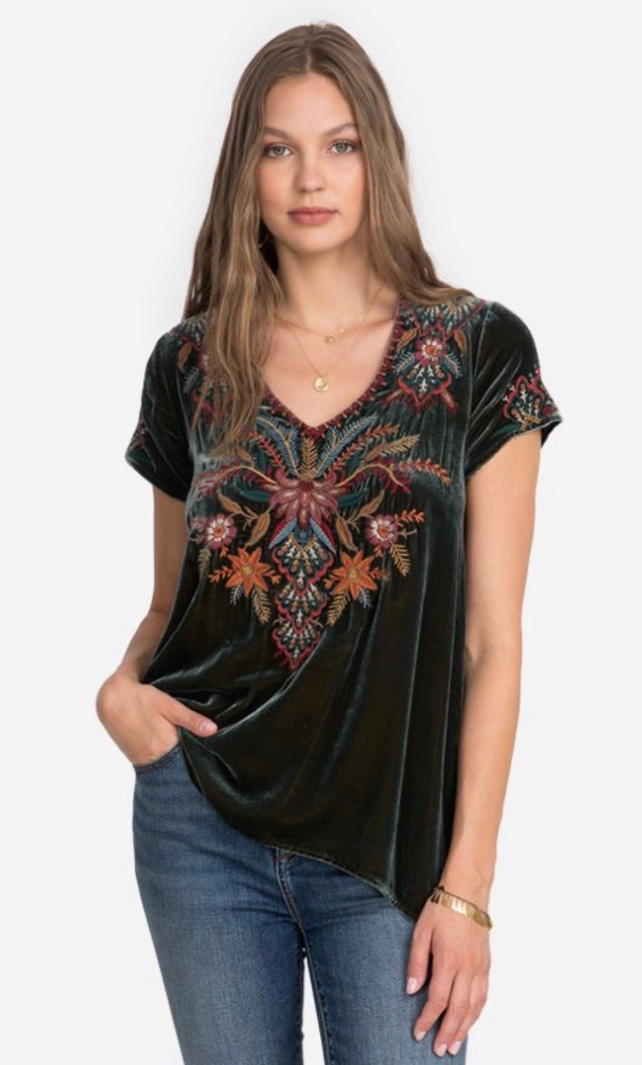 JOHNNY WAS JWLA Velvet AIVITA Embroidered Drape Top