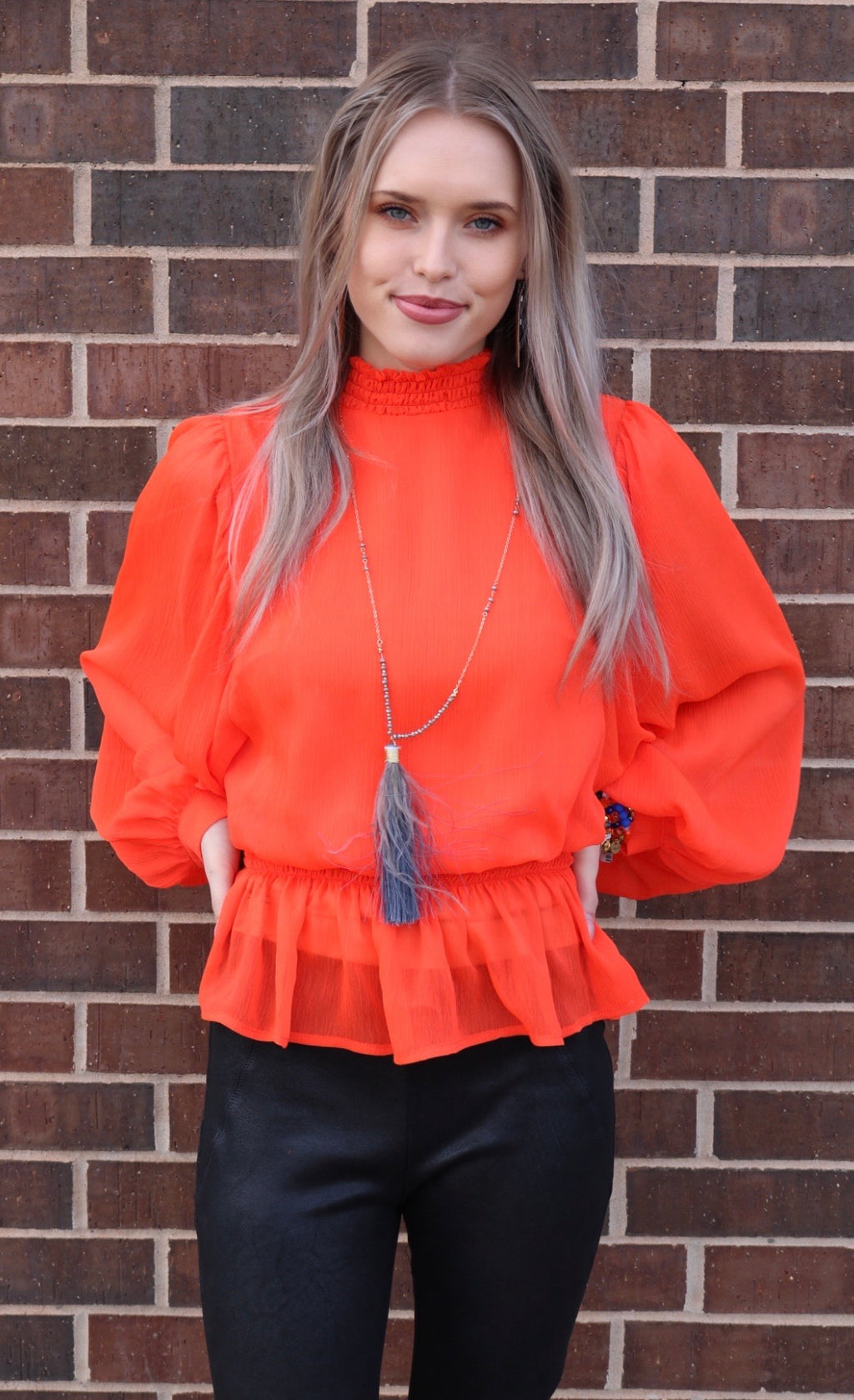 Flying tomato DEDICATED SmockedNeck/Waist PuffSleeve Chiffon Top