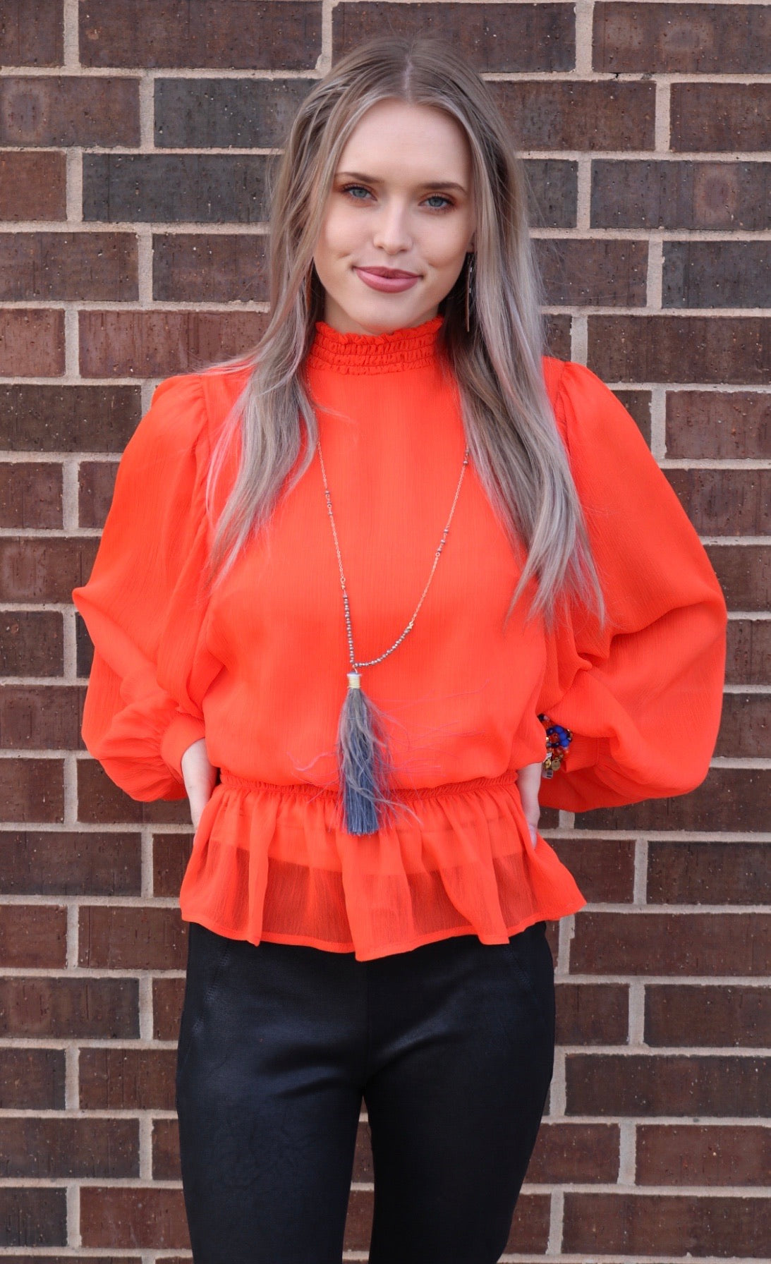 Flying tomato DEDICATED SmockedNeck/Waist PuffSleeve Chiffon Top