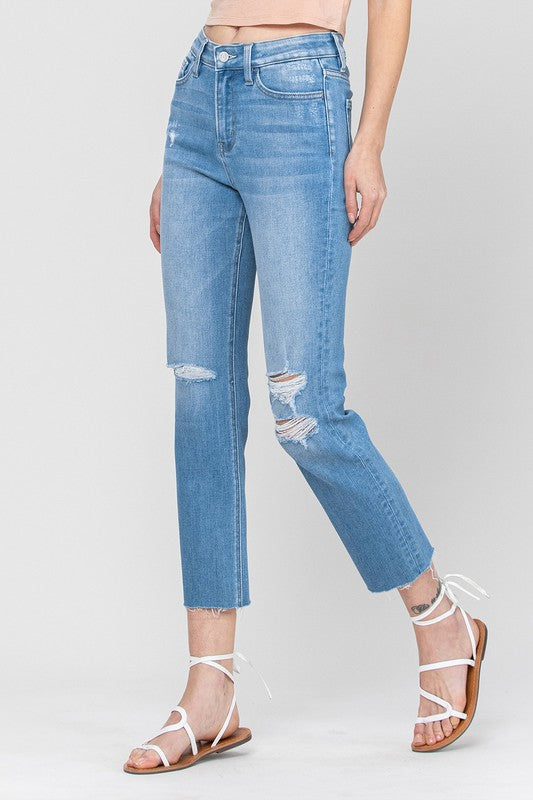 VERVET Hi~Rise JEANNE Stretch Slim Straight Leg Jeans Finished Hem