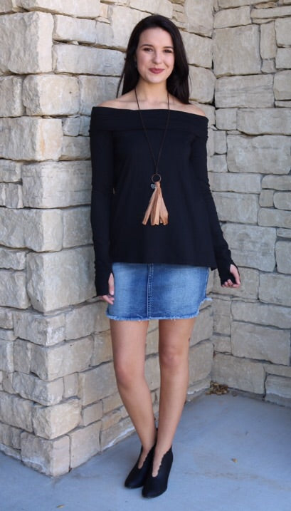 BOBI Foldover BYPASS OffShoulder Thumbhole Flare Jersey Top