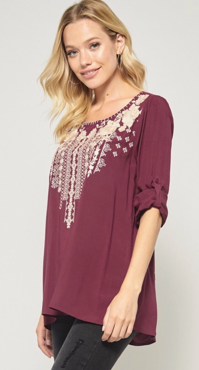 KYLER Embroidered Roll Sleeve Scoop Hem Top