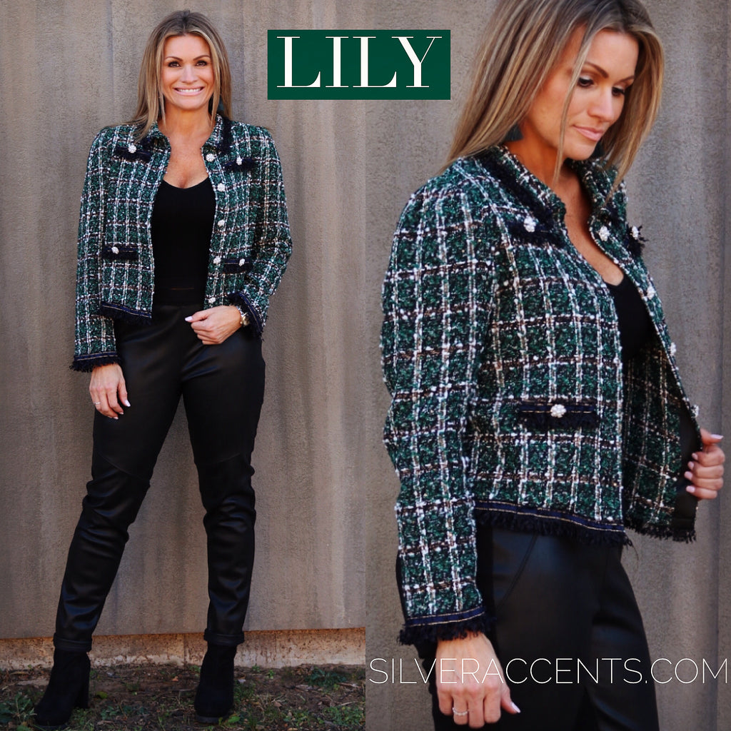 LILY Embellished Tweed Plaid Fringe Jacket