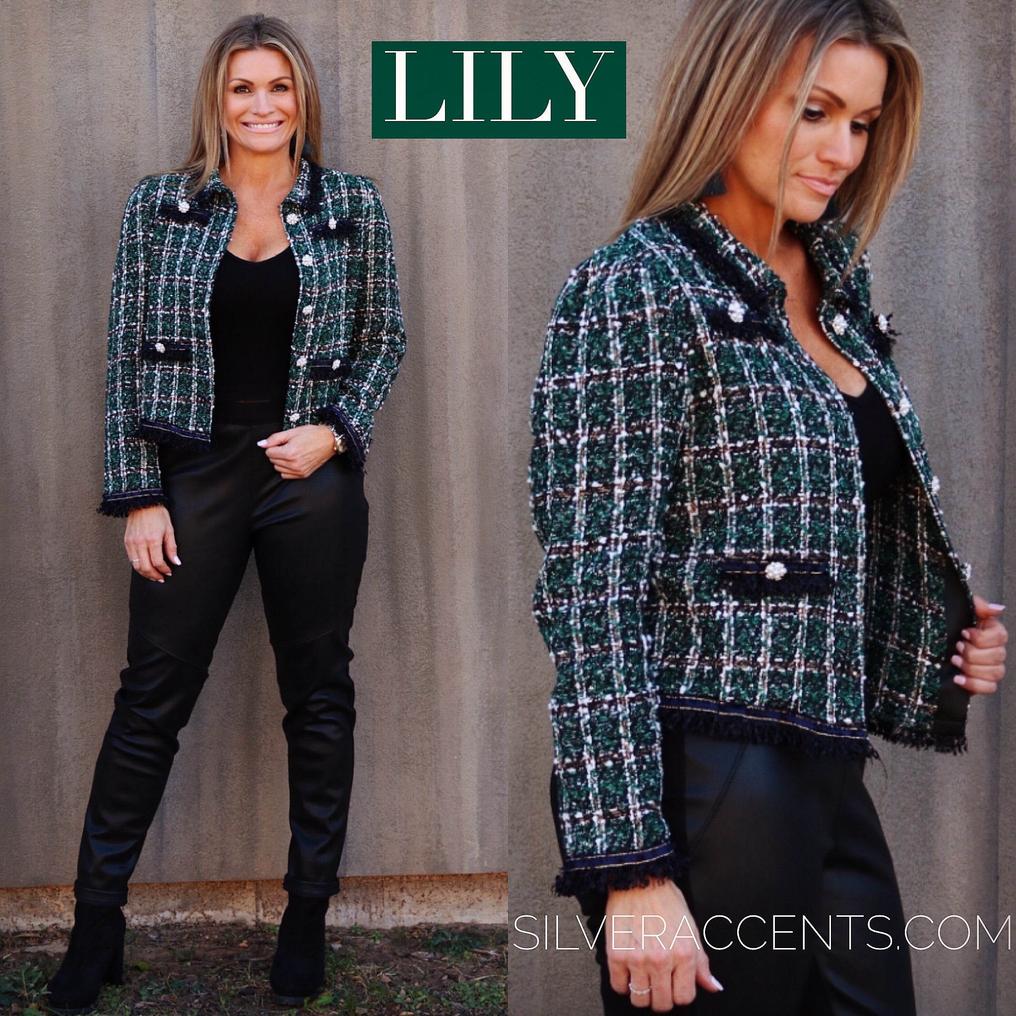 LILY Embellished Tweed Plaid Fringe Jacket