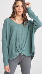 KHARMA Waffle Knit Button Down Tie Front Top