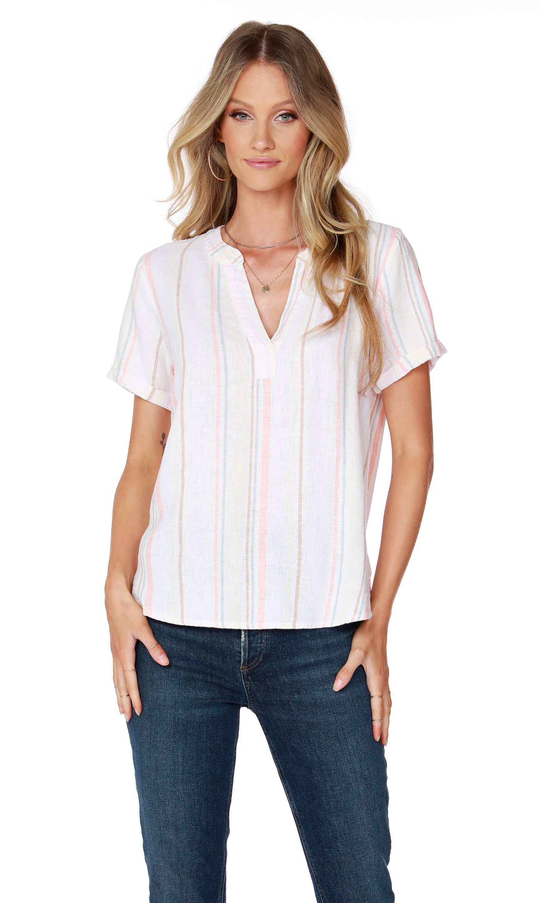 BOBI LinenStripe ISLANDER SplitNeck HiLo Top