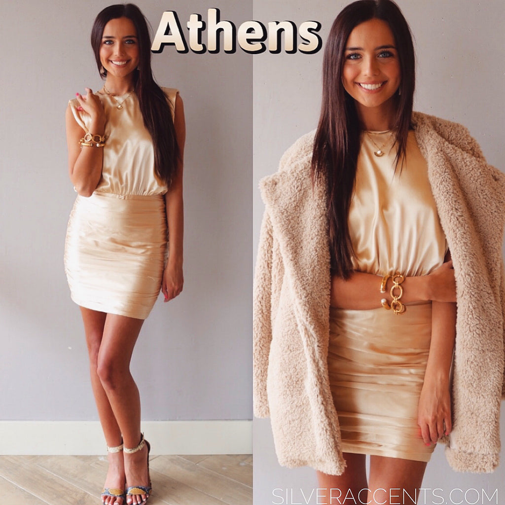ATHENS BoatNeck RoucheBottom Satin Bodycon Dress