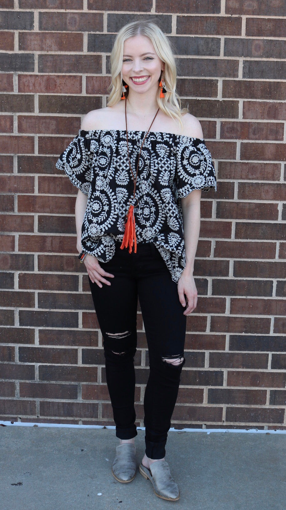 ARETHA Embroidered Ruffle Off Shoulder Top