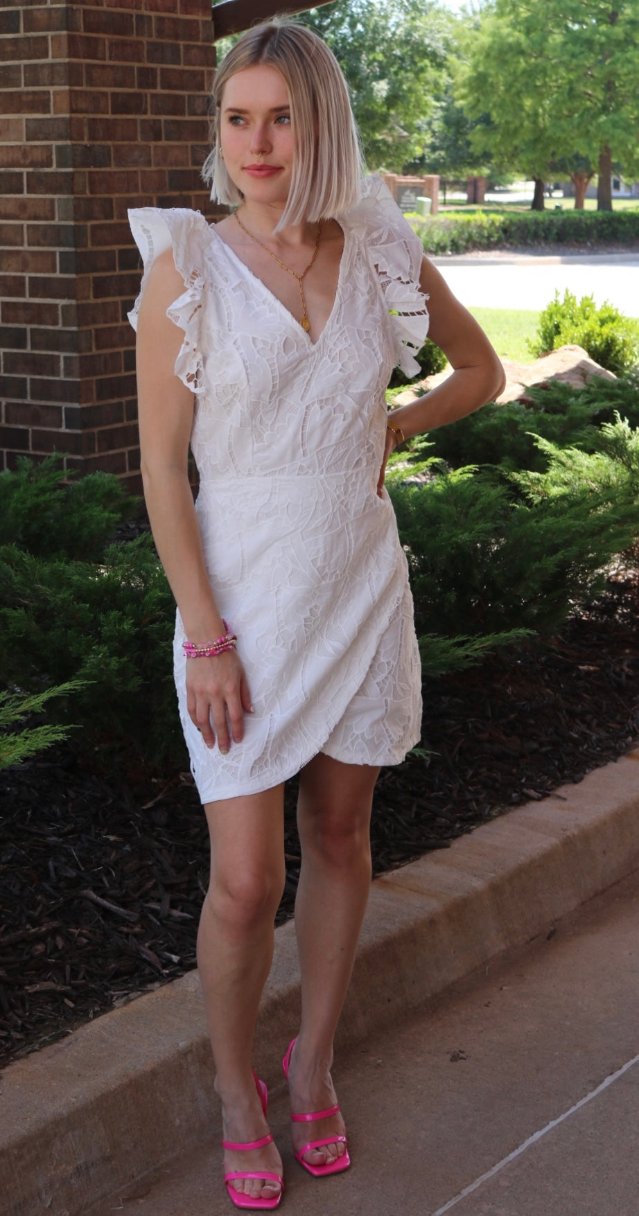 FORTUNE Battenburg Tulip Bottom Ruffle Sleeve Dress