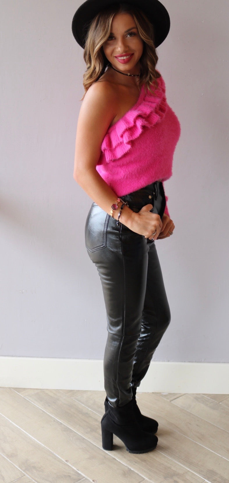 PURSUIT Ruffle OneShoulder Fuzzy Sweater Top