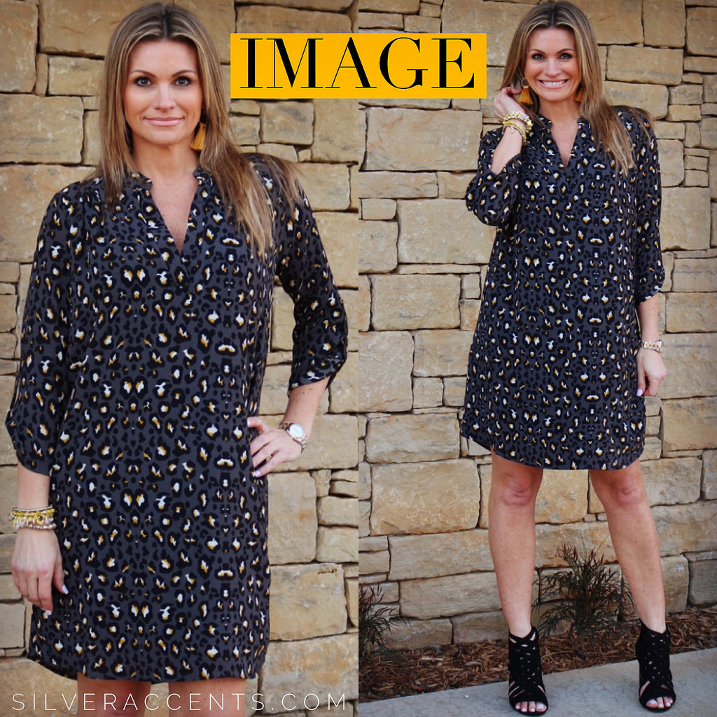 IMAGE Leopard RollSleeve Split VNeck Dress