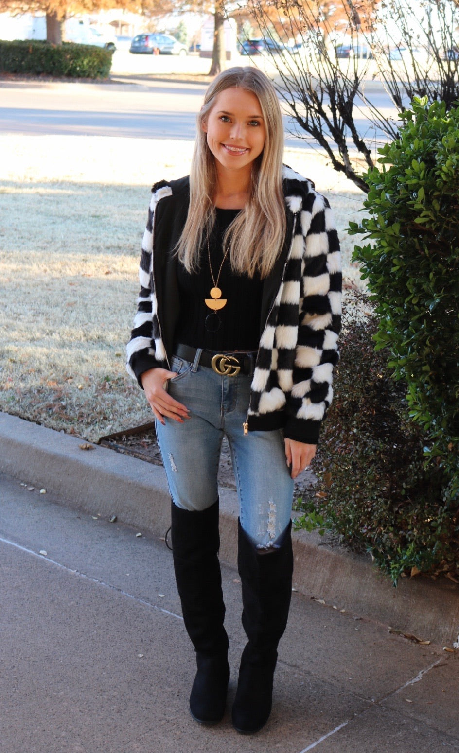 PORTRAIT Checkered Fur Hoodie Jacket