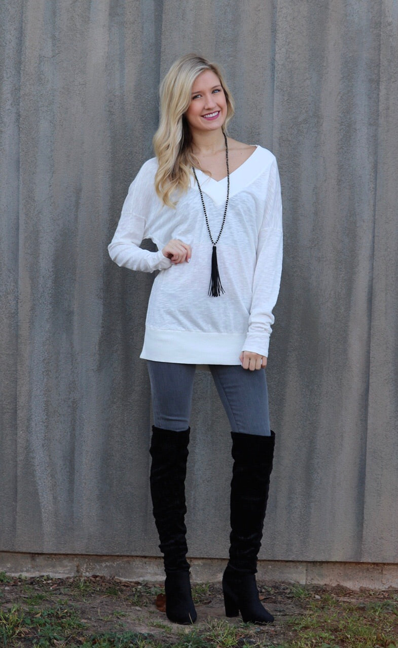 BOBI Slub Jersey JUDGEMENT DAY V-Neck RibKnit Trim Tunic Top