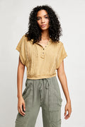 FREE PEOPLE Pleated Crochet ROXY Henley Top