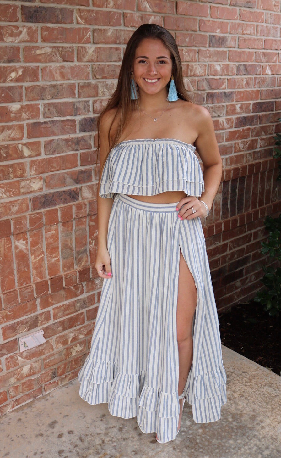 LOUVRE 2pc Stripe Layered Strapless Top/ HiSlit RuffleHem Maxi Skirt Set