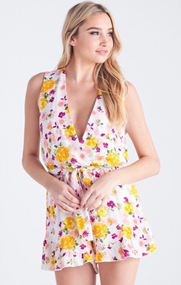 Blue Blush MADEIRA Floral V-Neck TieWaist Chiffon Short Romper