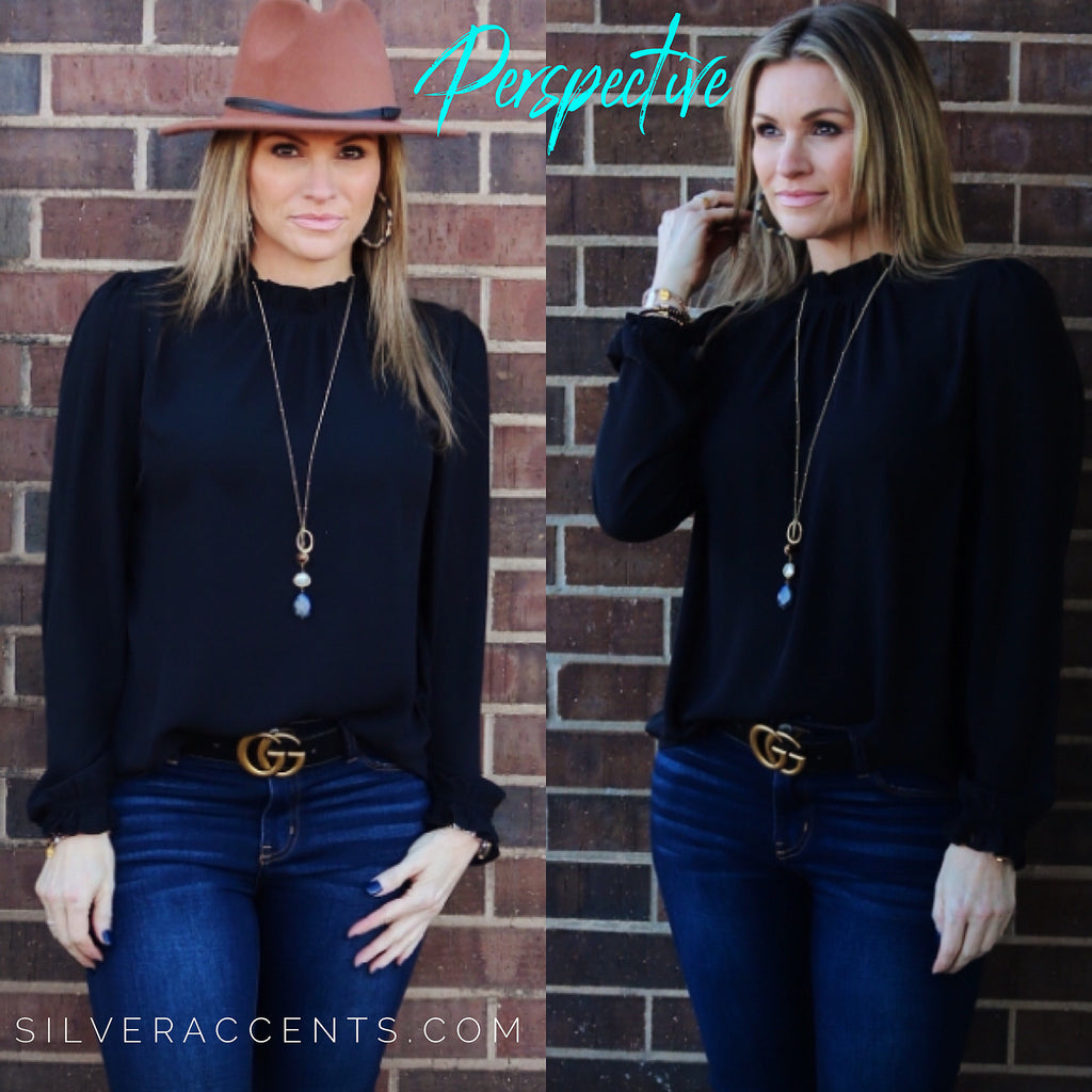 Main Strip PERSPECTIVE Ruffle HiNeck/Sleeve Chiffon Top