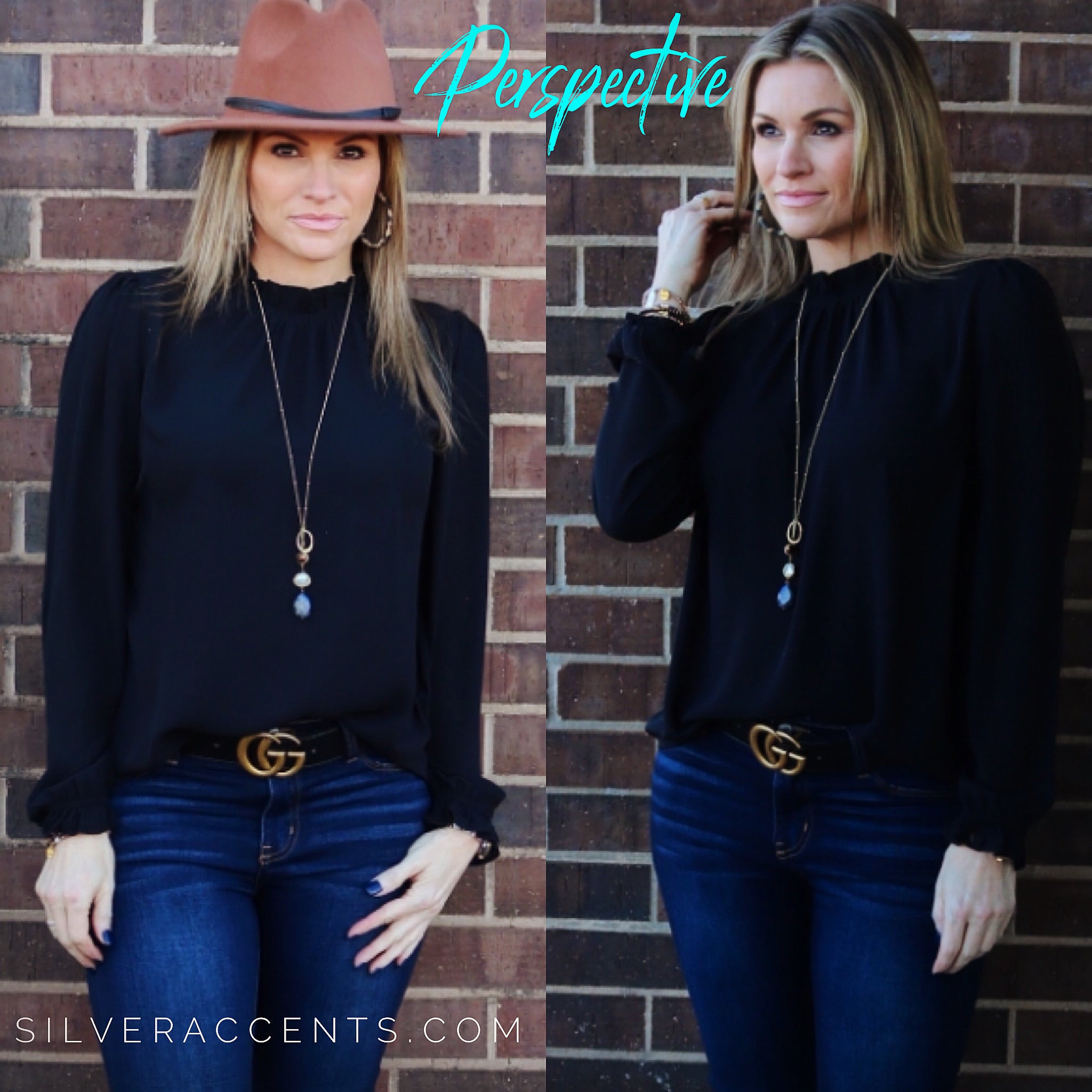 Main Strip PERSPECTIVE Ruffle HiNeck/Sleeve Chiffon Top