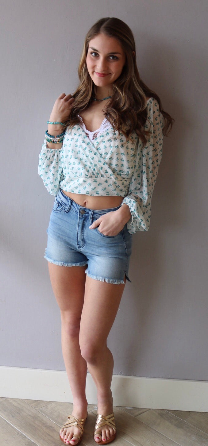 FREE PEOPLE Cream Combo SWEETIE PIE Floral CrossOver Chiffon WaistLength Top