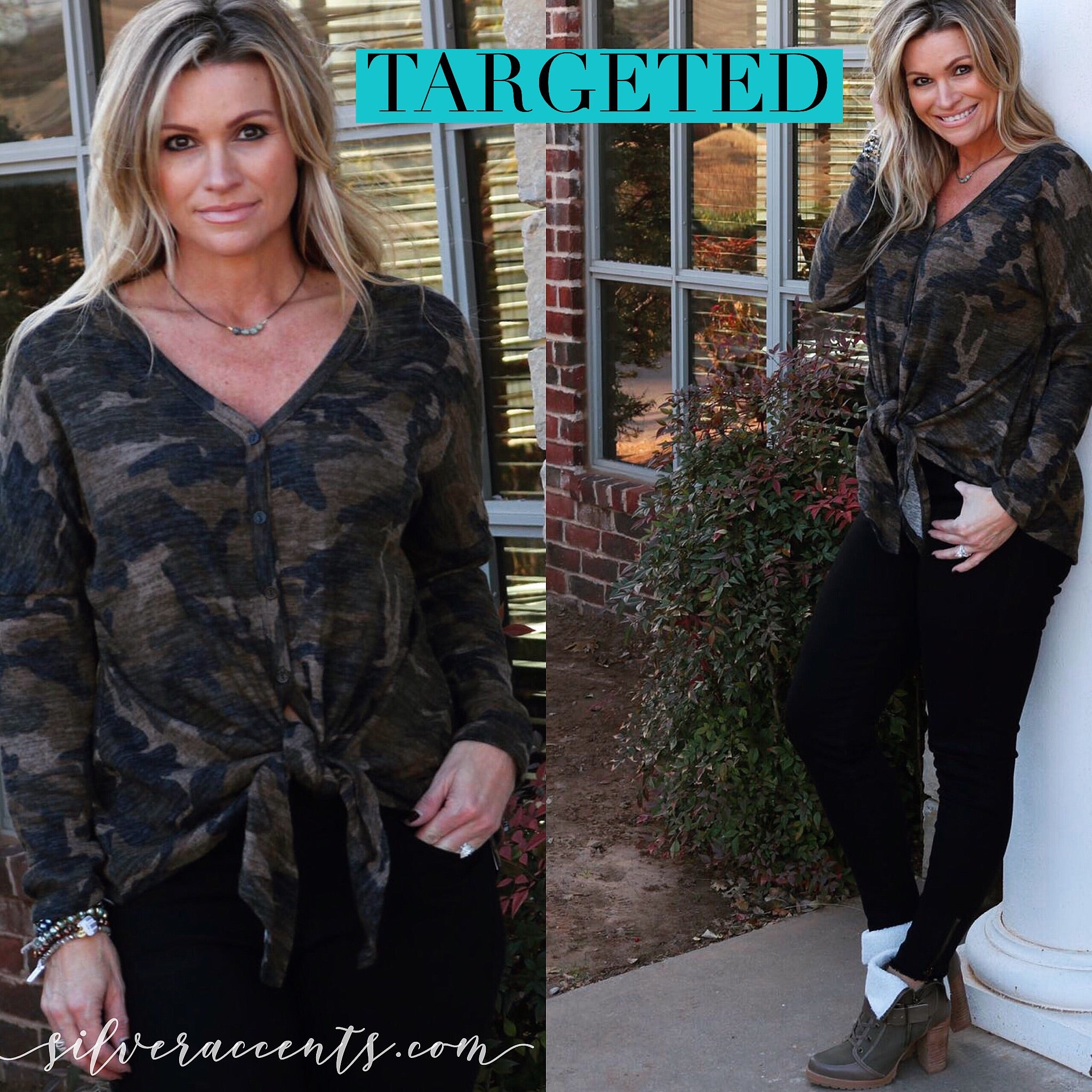 TARGETED Camouflage Print ButtonDown TieBottom BrushKnit Top